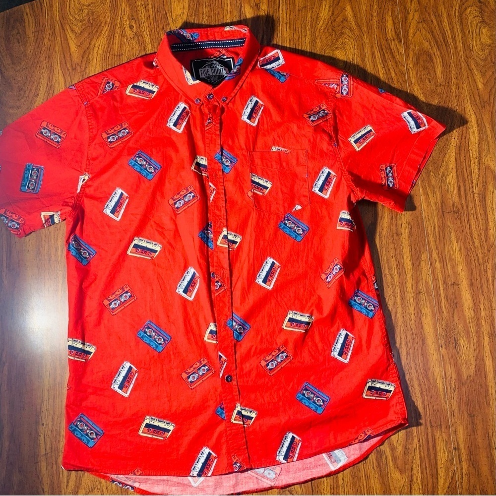 Retro Design Five Points Red Graphic Men's Shirt Buttoned SZ Slim Fit Flex XL. - Picture 2 of 9